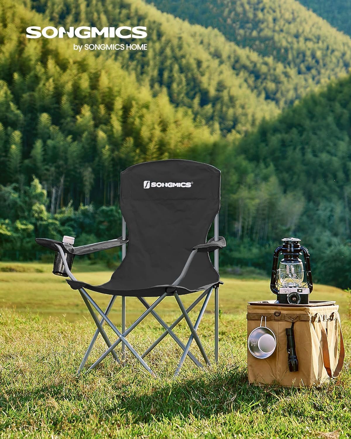 songmics set 2 scaune pliabile de camping sau pescuit, suport pahar, maxim 150kg, negru 2 SONGMICS Set 2 scaune pliabile de camping sau pescuit, suport pahar, maxim 150kg, negru - imagine 2