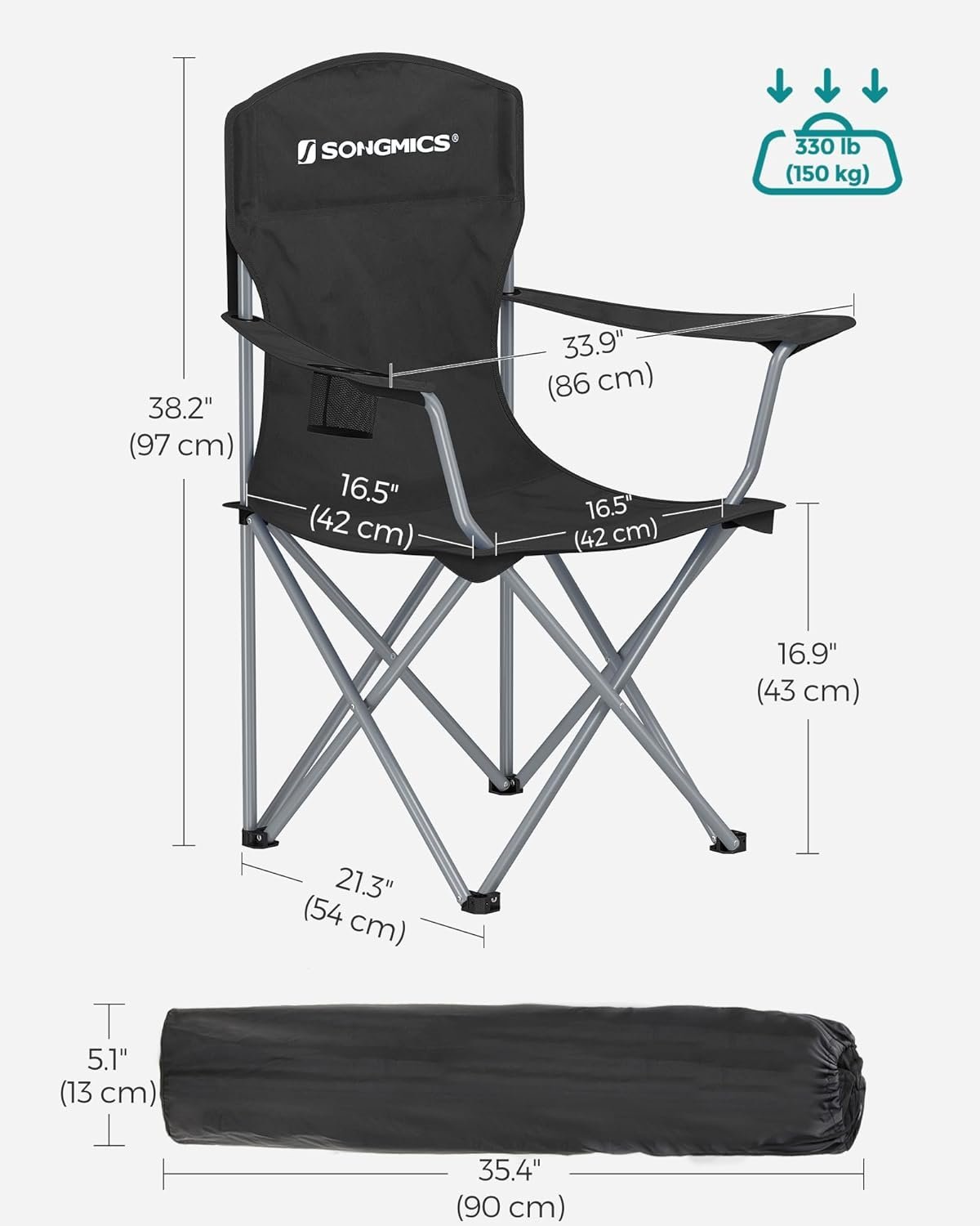 songmics set 2 scaune pliabile de camping sau pescuit, suport pahar, maxim 150kg, negru 3 SONGMICS Set 2 scaune pliabile de camping sau pescuit, suport pahar, maxim 150kg, negru - imagine 3