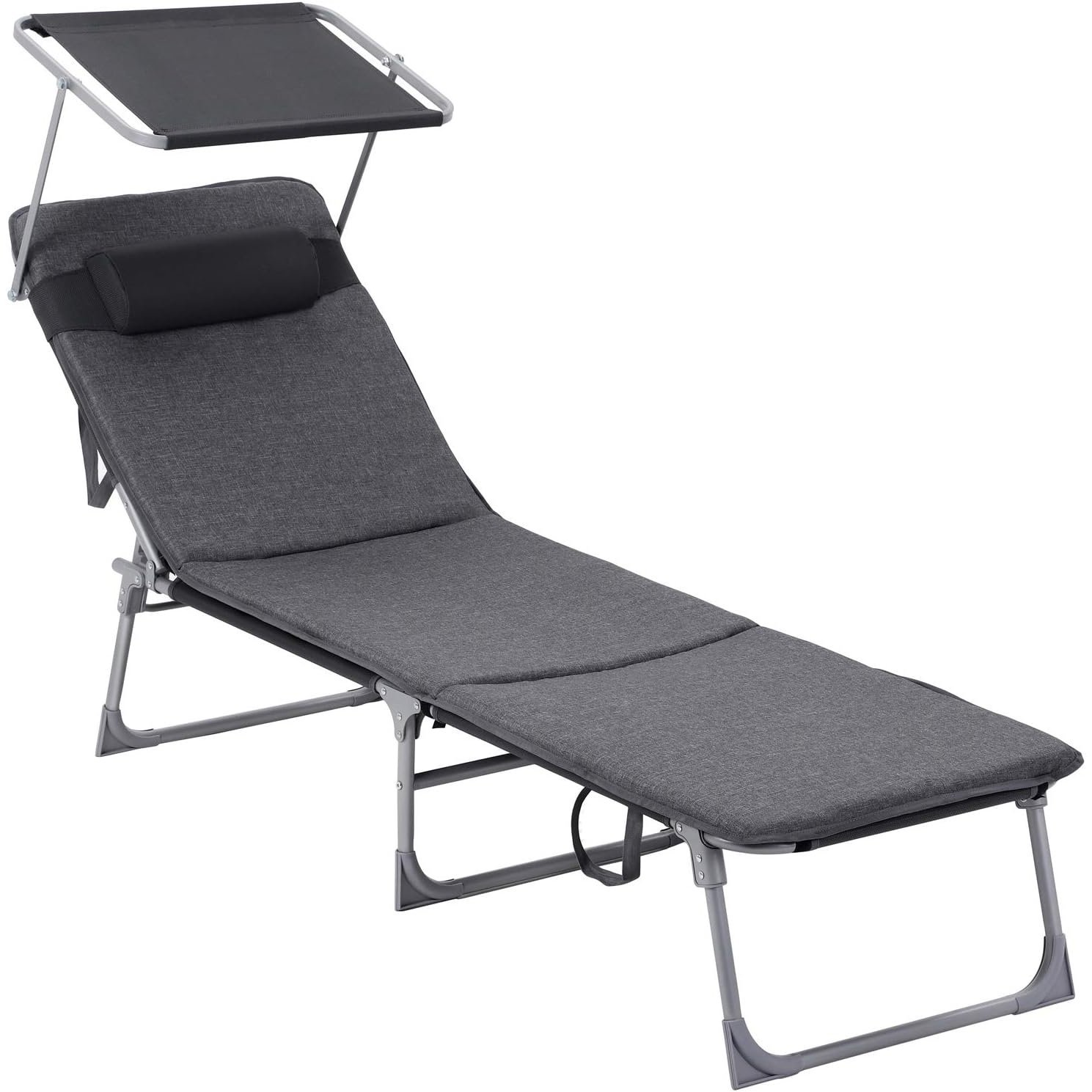 SONGMICS Sezlong pliabil, cu saltea, parasolar si tetiera, spatar reglabil in 4 pozitii, maxim 150kg, 193x53x30 cm, gri