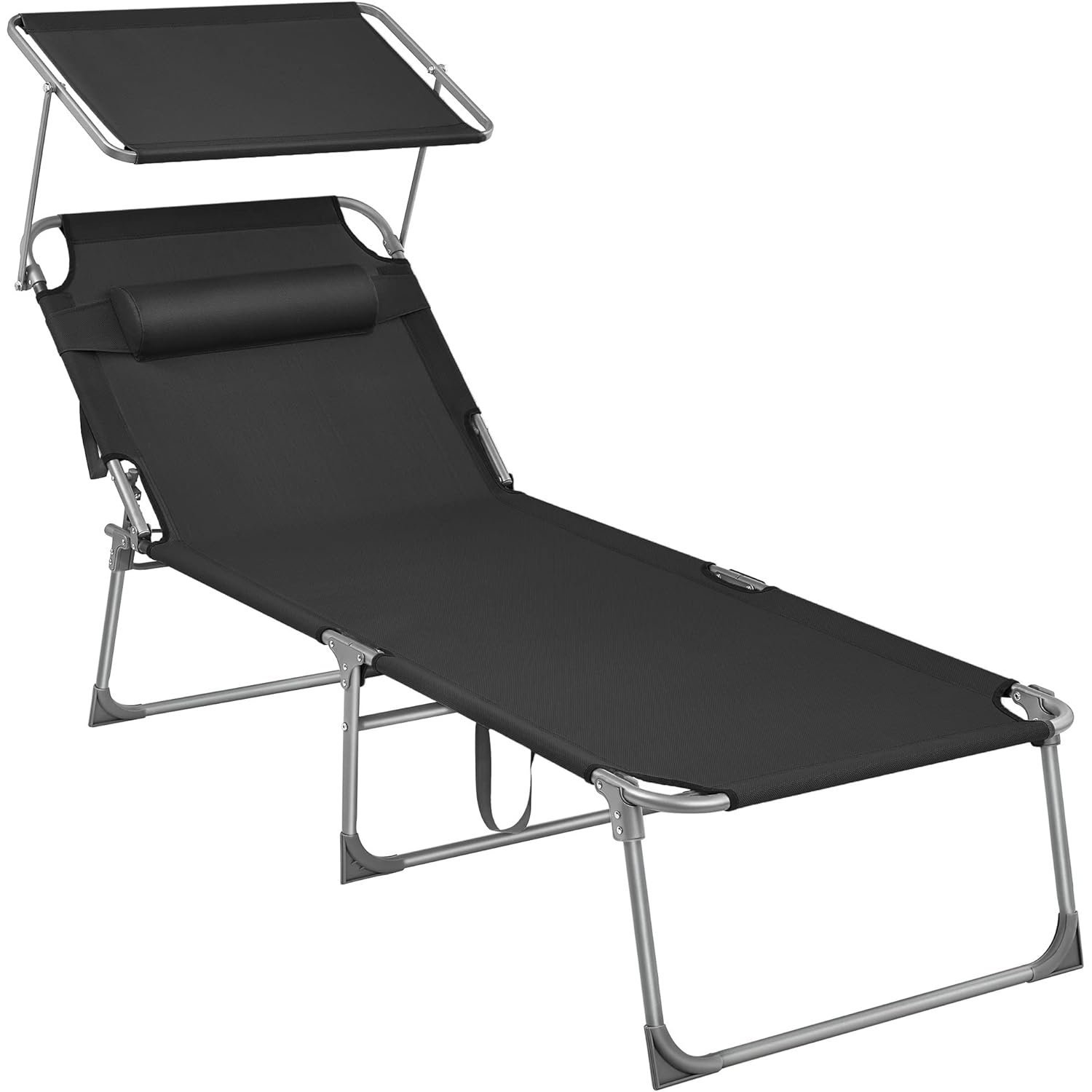 SONGMICS Sezlong pliabil, cu parasolar si tetiera, spatar reglabil in 4 pozitii, maxim 150kg, 200x71x38cm, negru