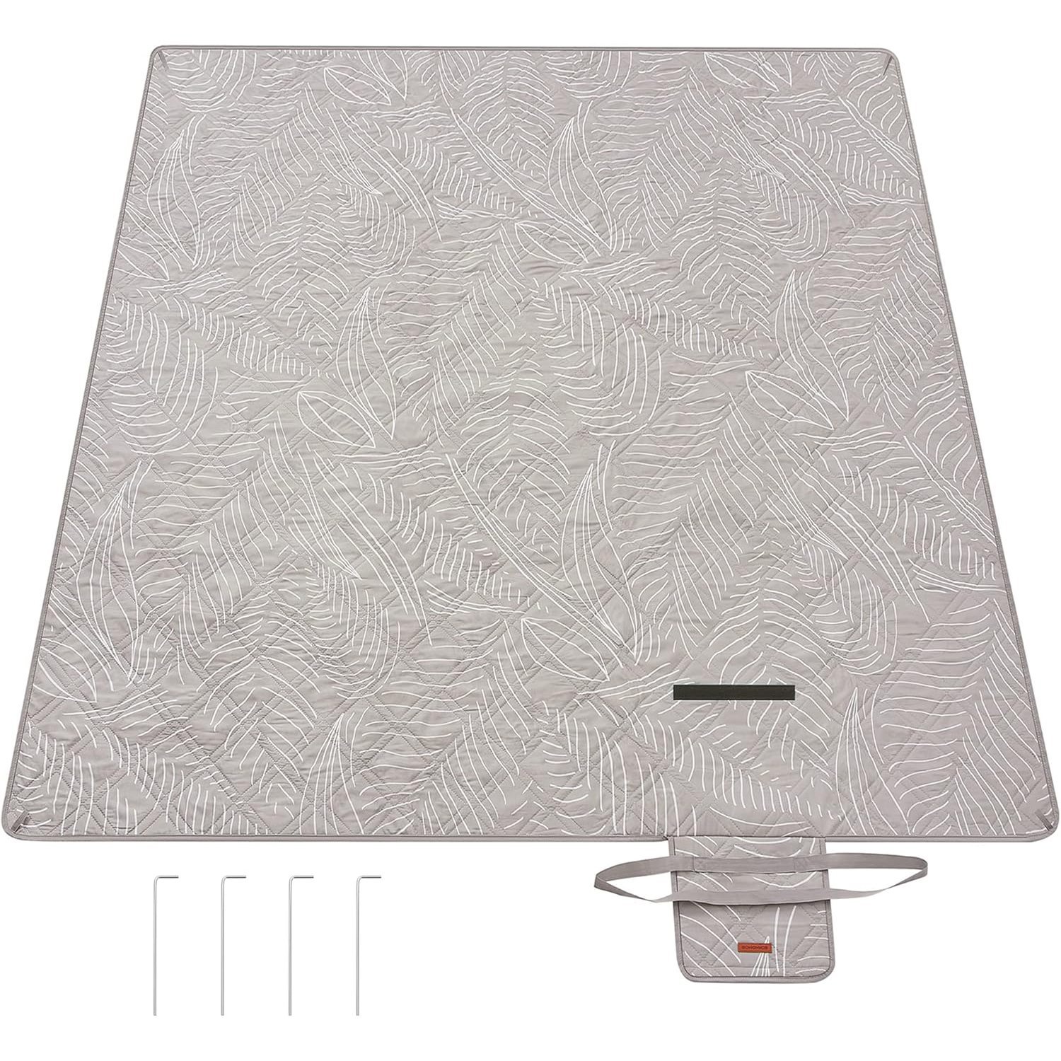 SONGMICS Patura picnic impermeabila 300×200 cm, cu ancore de fixare, pliabila, lavabila, multistrat, kaki cu model tropical