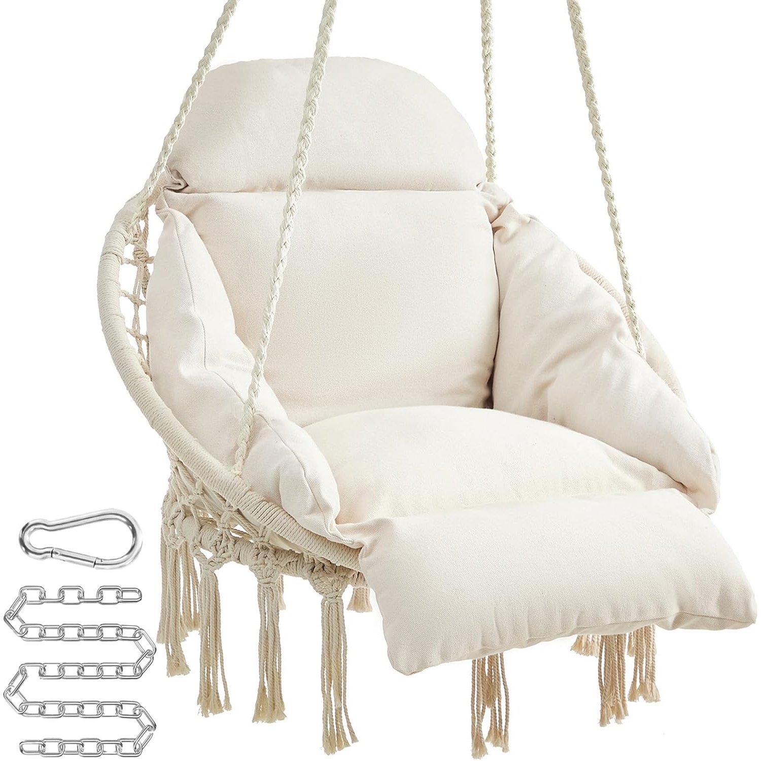 SONGMICS Scaun suspendat tip hamac cu perna groasa, stil scandinav, cadru metalic, include lant si carabiniera, 120 kg, crem