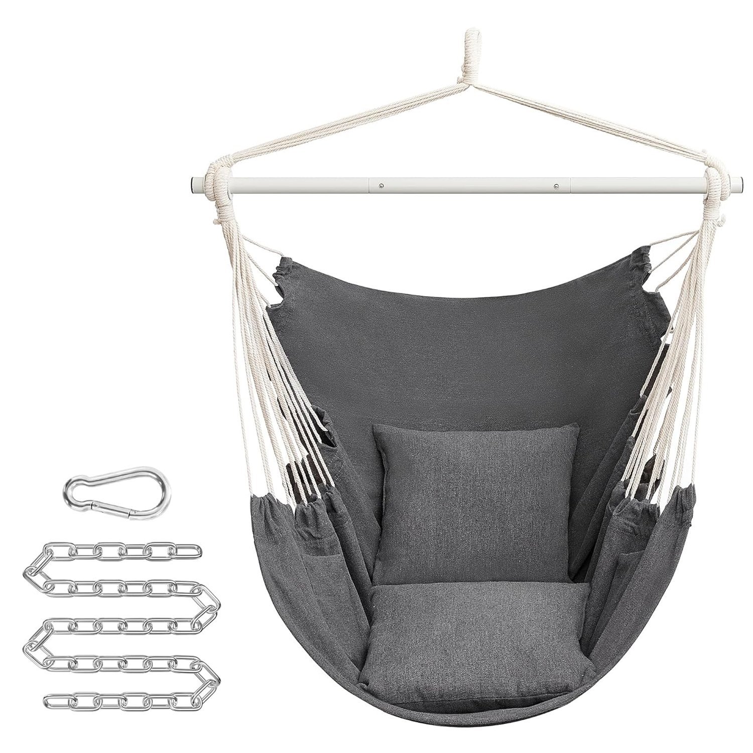 SONGMICS Fotoliu suspendat tip hamac cu 2 perne, lant si carabiniera incluse, 150×128 cm, gri inchis