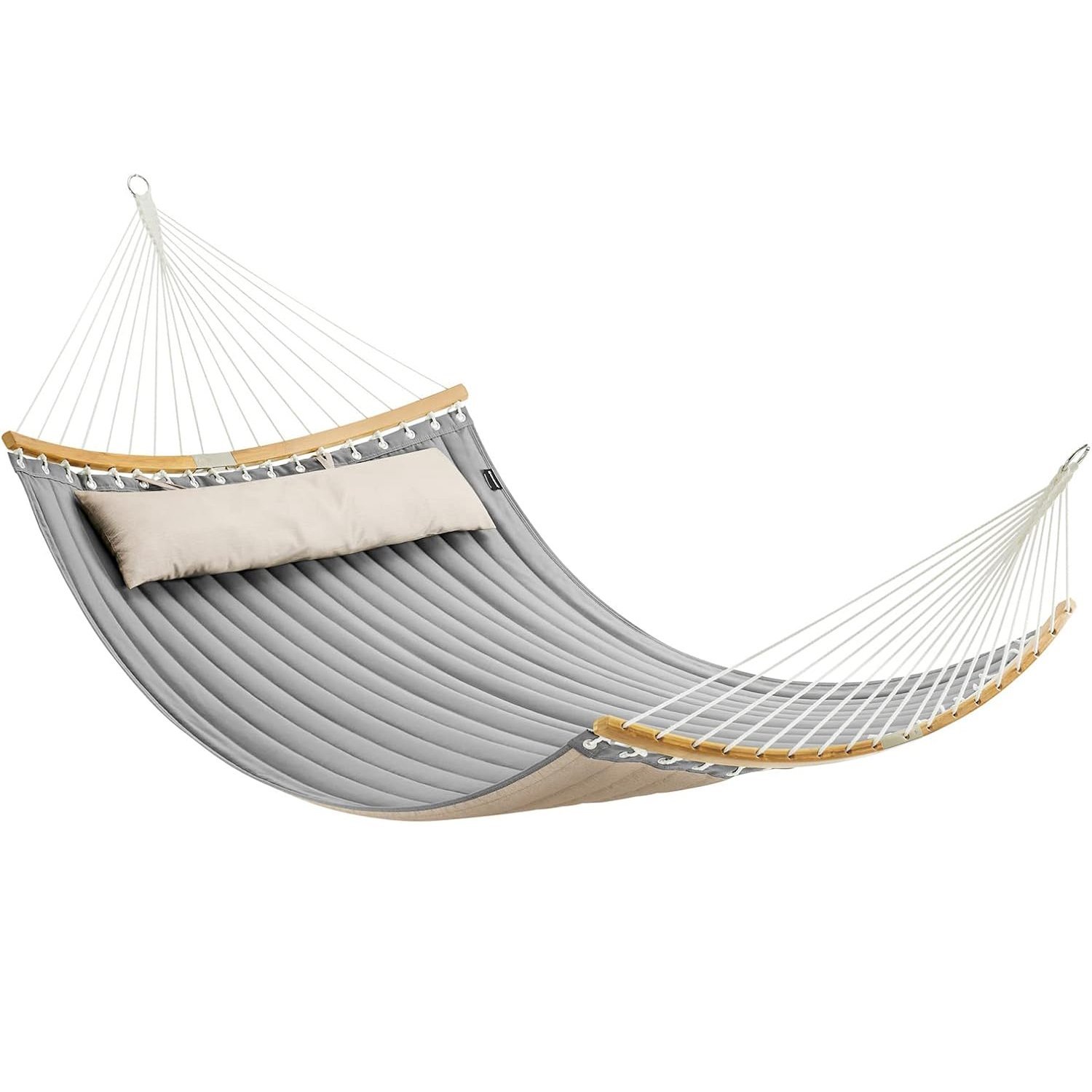 SONGMICS Hamac dublu cu bare curbate din bambus, perna inclusa, maxim 225 kg, 200×140 cm, gri