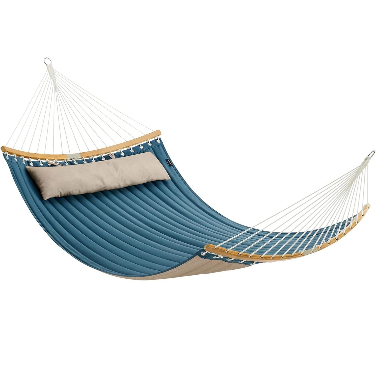 SONGMICS Hamac dublu cu bare curbate din bambus, perna inclusa, maxim 225 kg, 200×140 cm, albastru