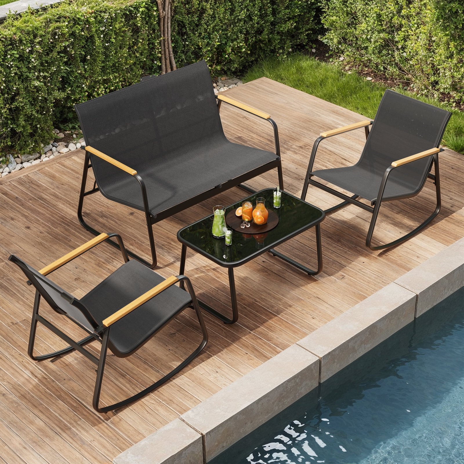SONGMICS Set mobilier gradina 4 locuri, 2 scaune balansoar, canapea si masa, cadru metalic, negru