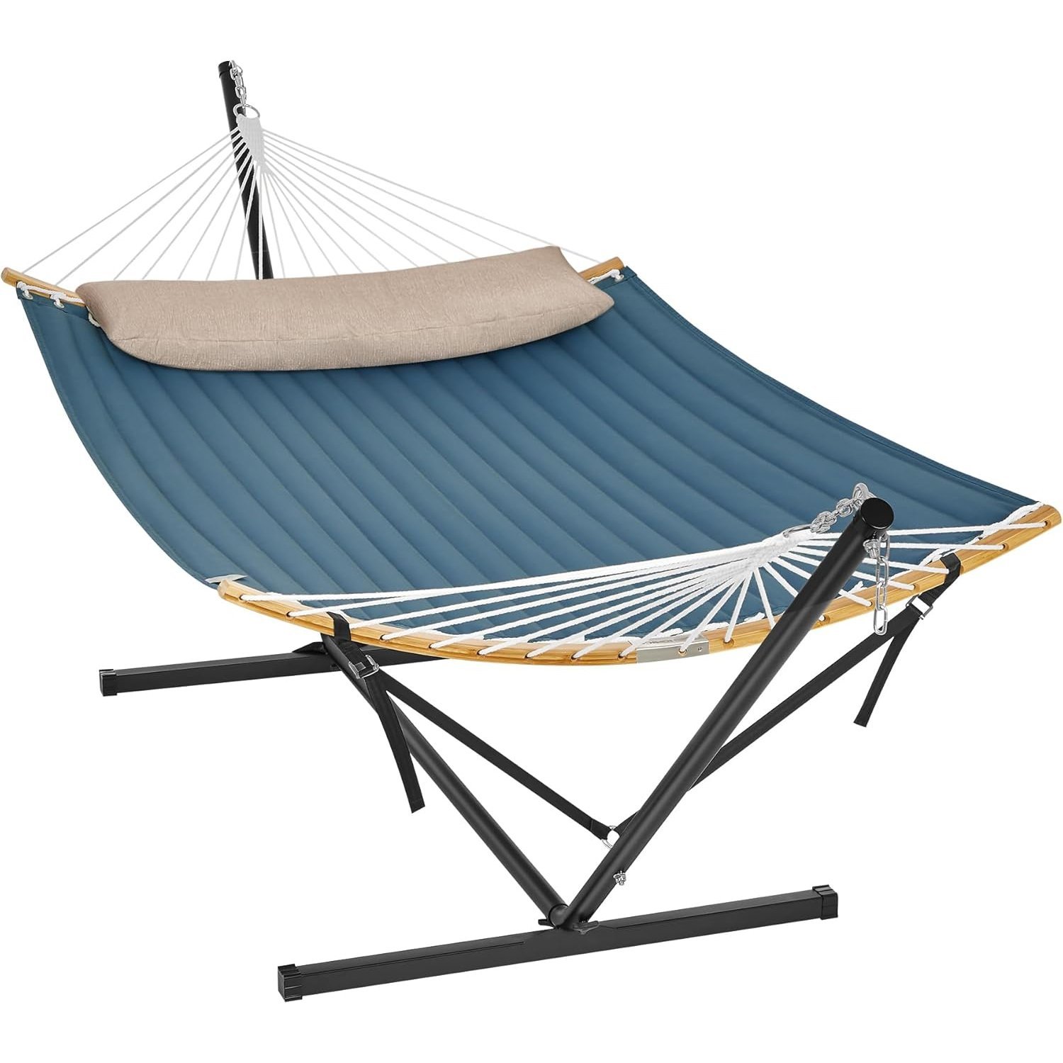 SONGMICS Hamac cu suport metalic, cu suprafata captusita, reglabil, include perna, 200 kg, 300x120x110 cm, albastru
