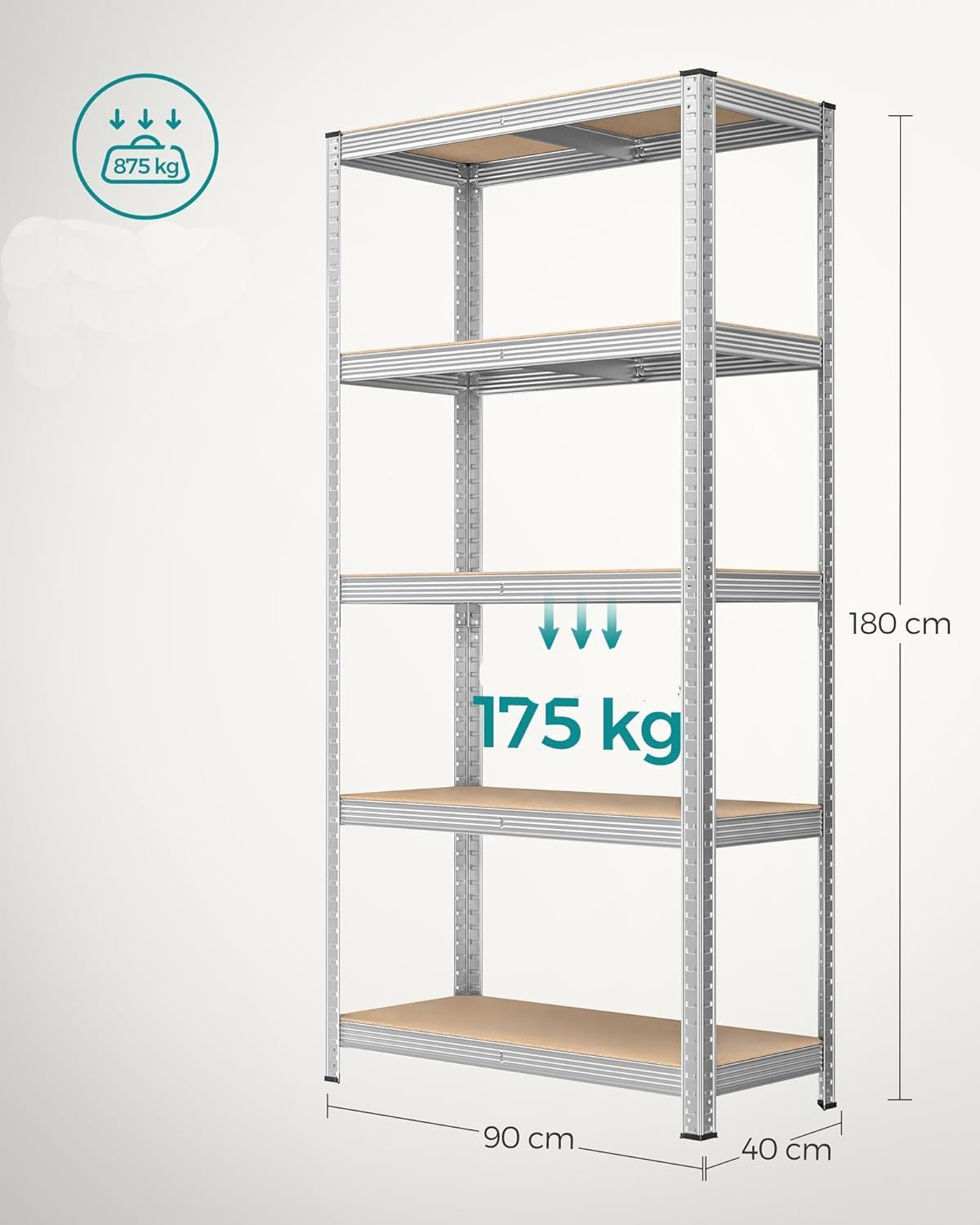 SONGMICS Set de 2 Rafturi de depozitare, cadru din otel armat, polite din MDF, max 2x875kg, 180x90x40cm, gri 2 SONGMICS Set de 2 Rafturi de depozitare, cadru din otel armat, polite din MDF, max 2x875kg, 180x90x40cm, gri - imagine 2