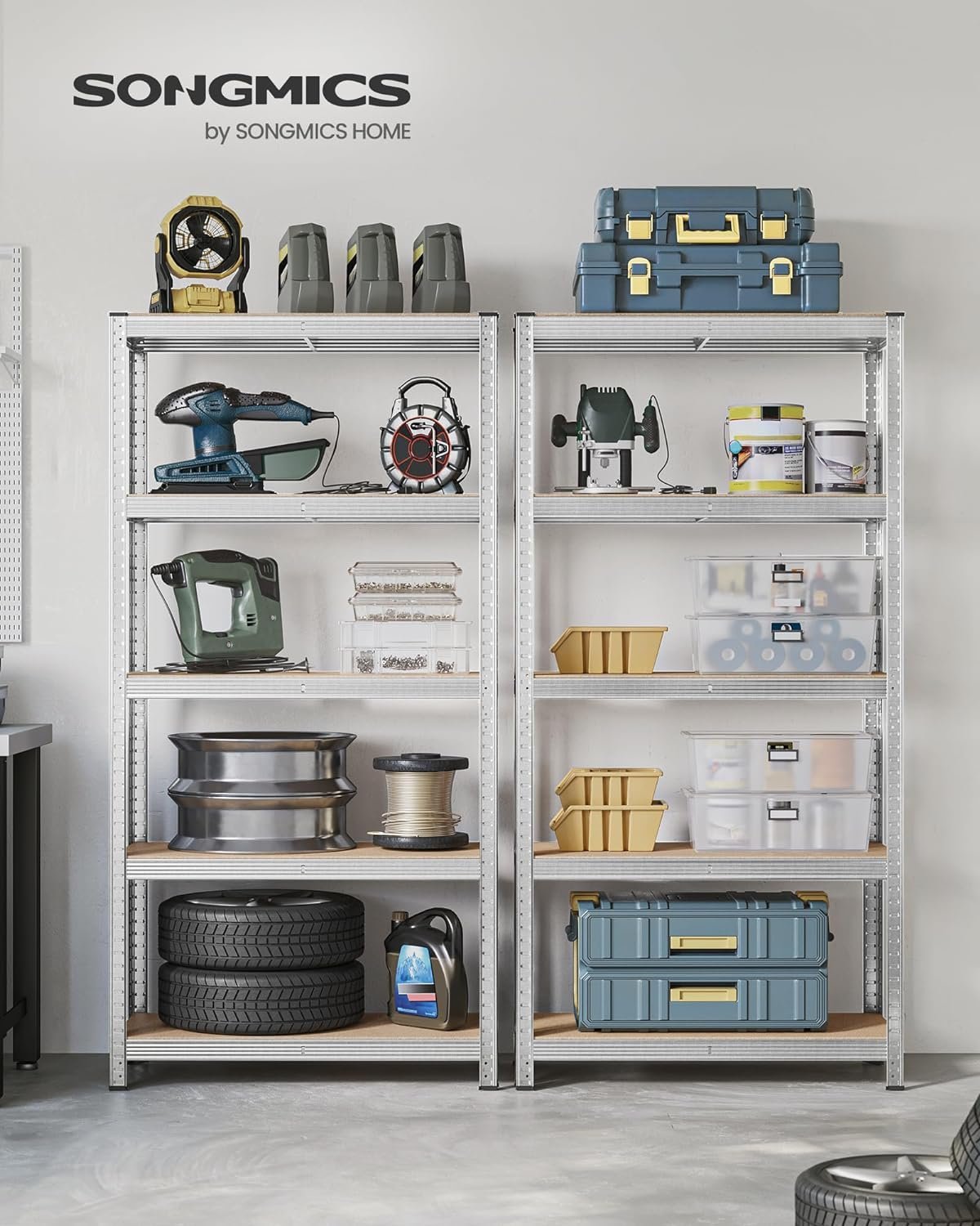 SONGMICS Set de 2 Rafturi de depozitare, cadru din otel armat, polite din MDF, max 2x875kg, 180x90x40cm, gri 3 SONGMICS Set de 2 Rafturi de depozitare, cadru din otel armat, polite din MDF, max 2x875kg, 180x90x40cm, gri - imagine 3