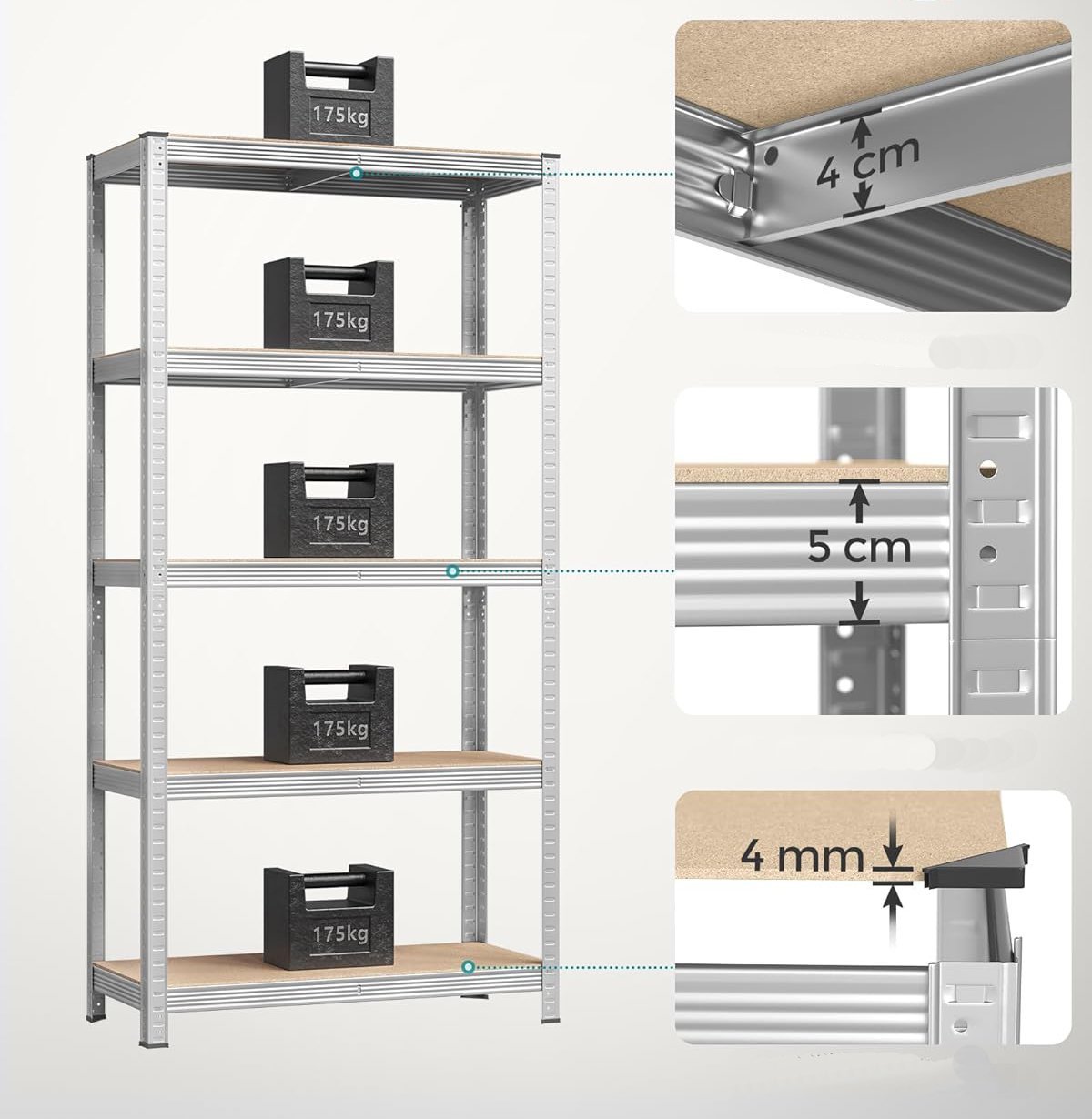 SONGMICS Set de 2 Rafturi de depozitare, cadru din otel armat, polite din MDF, max 2x875kg, 180x90x40cm, gri 4 SONGMICS Set de 2 Rafturi de depozitare, cadru din otel armat, polite din MDF, max 2x875kg, 180x90x40cm, gri - imagine 4
