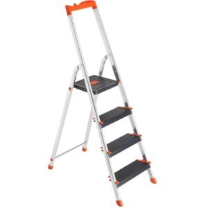 SONGMICS Scara aluminiu pliabila cu 4 trepte, latime trepte 12 cm, cu maner, sarcina 150 kg, 44×156 cm