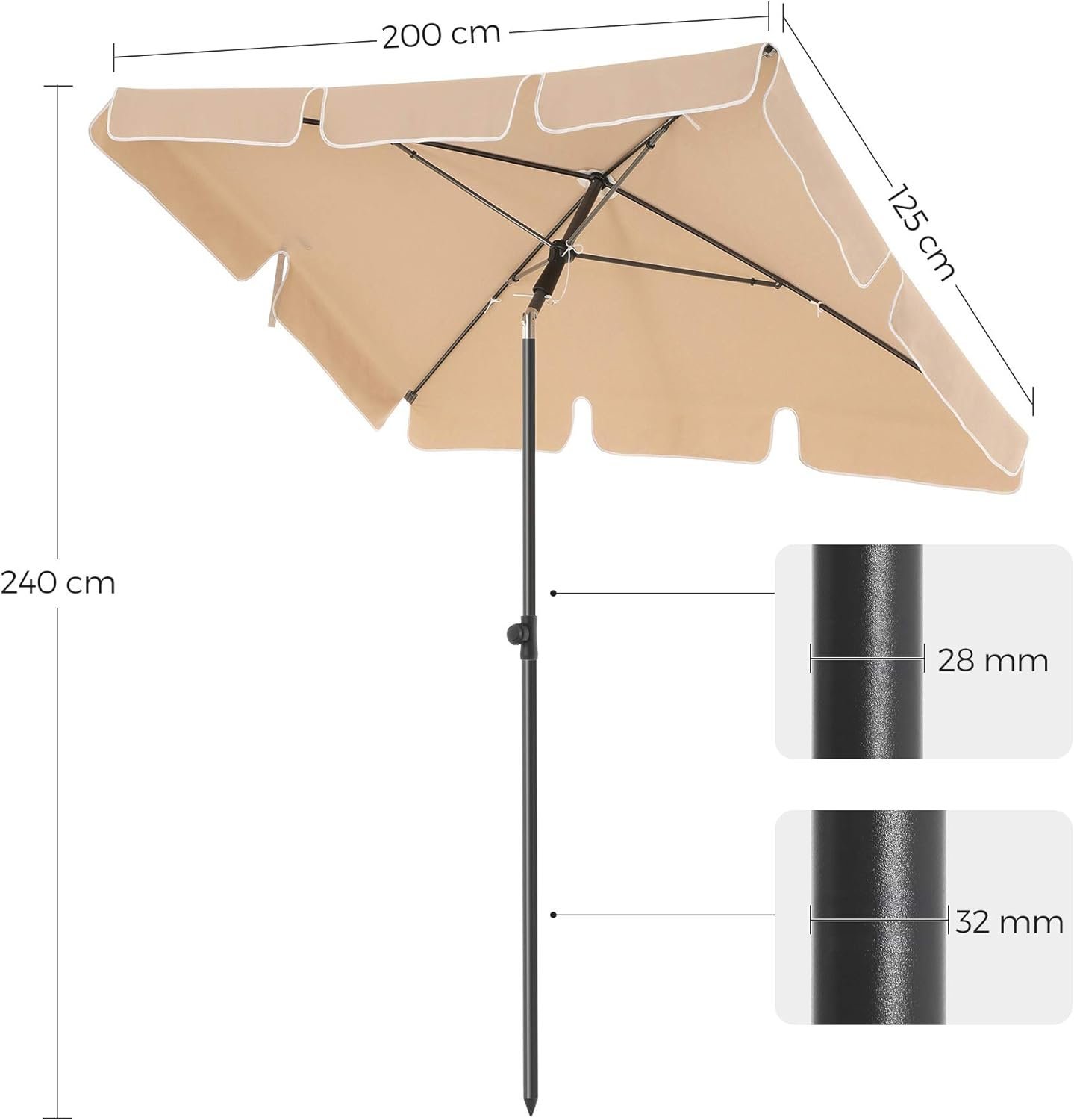 songmics umbrela terasa gradina sau plaja, cu inclinare, husa, 200x125cm, taupe 3 SONGMICS Umbrela terasa gradina sau plaja, cu inclinare, husa, 200x125cm, taupe - imagine 3