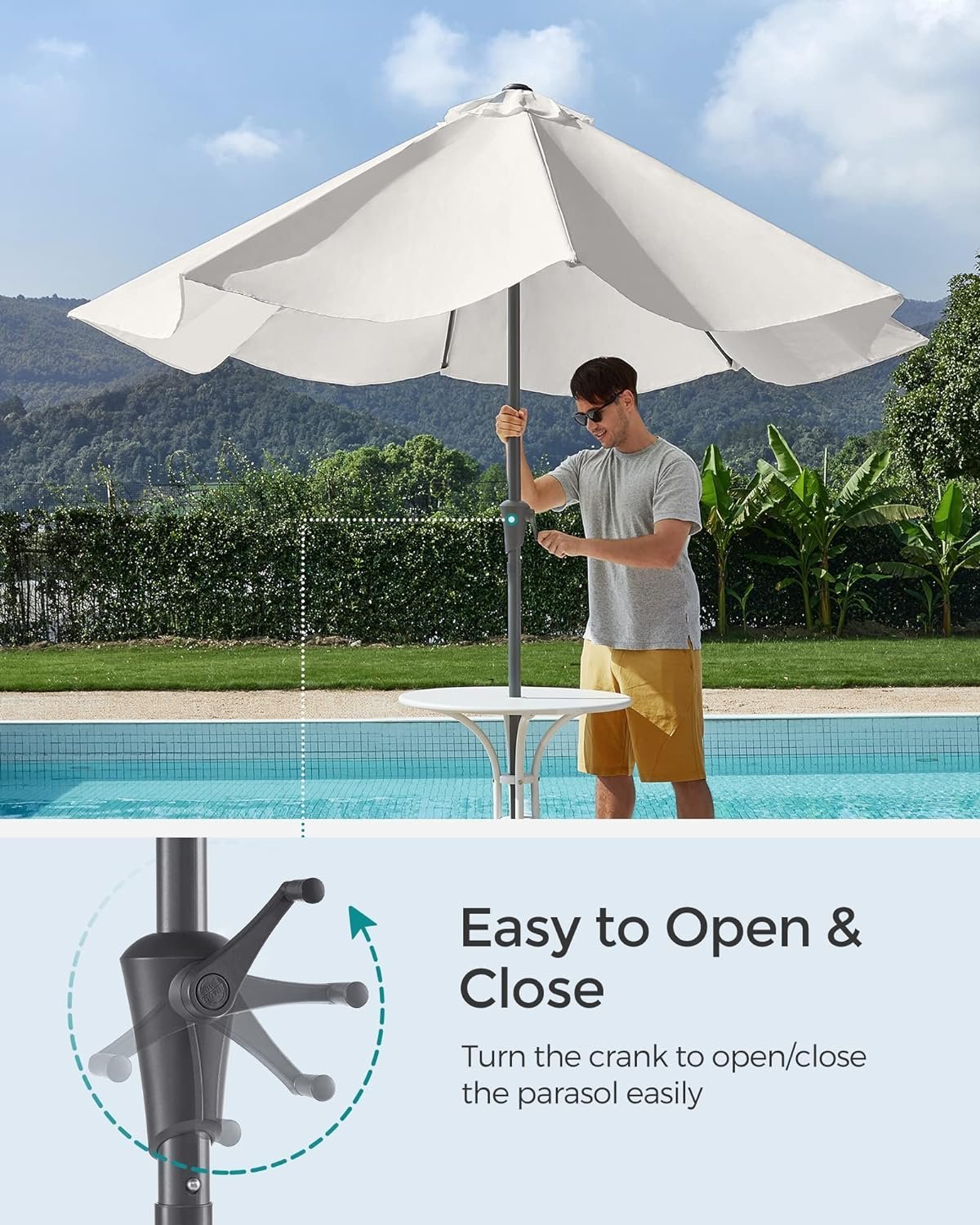 songmics umbrela de gradina, cu manivela pentru deschidere, sistem inclinare, 300cm, bej 3 SONGMICS Umbrela de gradina, cu manivela pentru deschidere, sistem inclinare, 300cm, bej - imagine 3