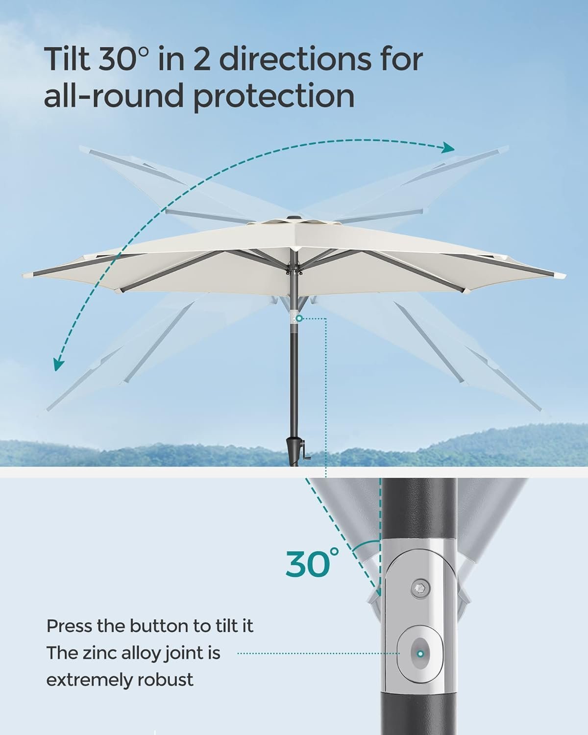 songmics umbrela de gradina, cu manivela pentru deschidere, sistem inclinare, 300cm, bej 4 SONGMICS Umbrela de gradina, cu manivela pentru deschidere, sistem inclinare, 300cm, bej - imagine 4