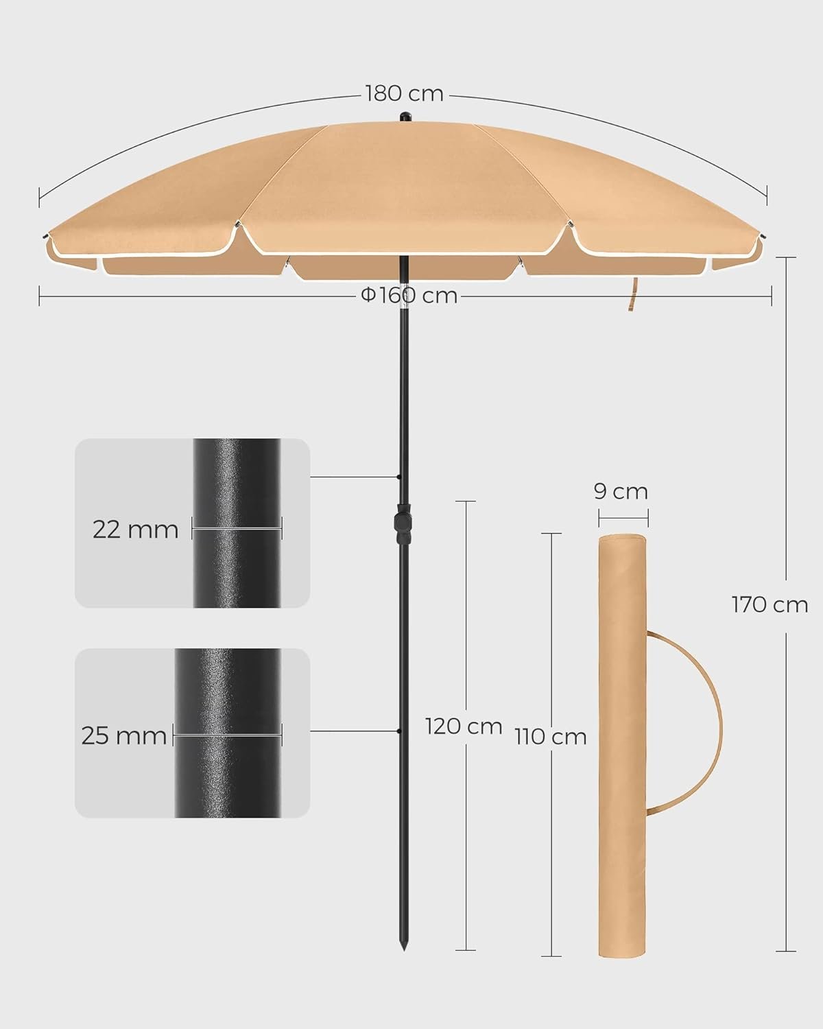 songmics umbrela terasa gradina sau plaja, cu inclinare, husa, diametru 160cm, taupe 3 SONGMICS Umbrela terasa gradina sau plaja, cu inclinare, husa, diametru 160cm, taupe - imagine 3