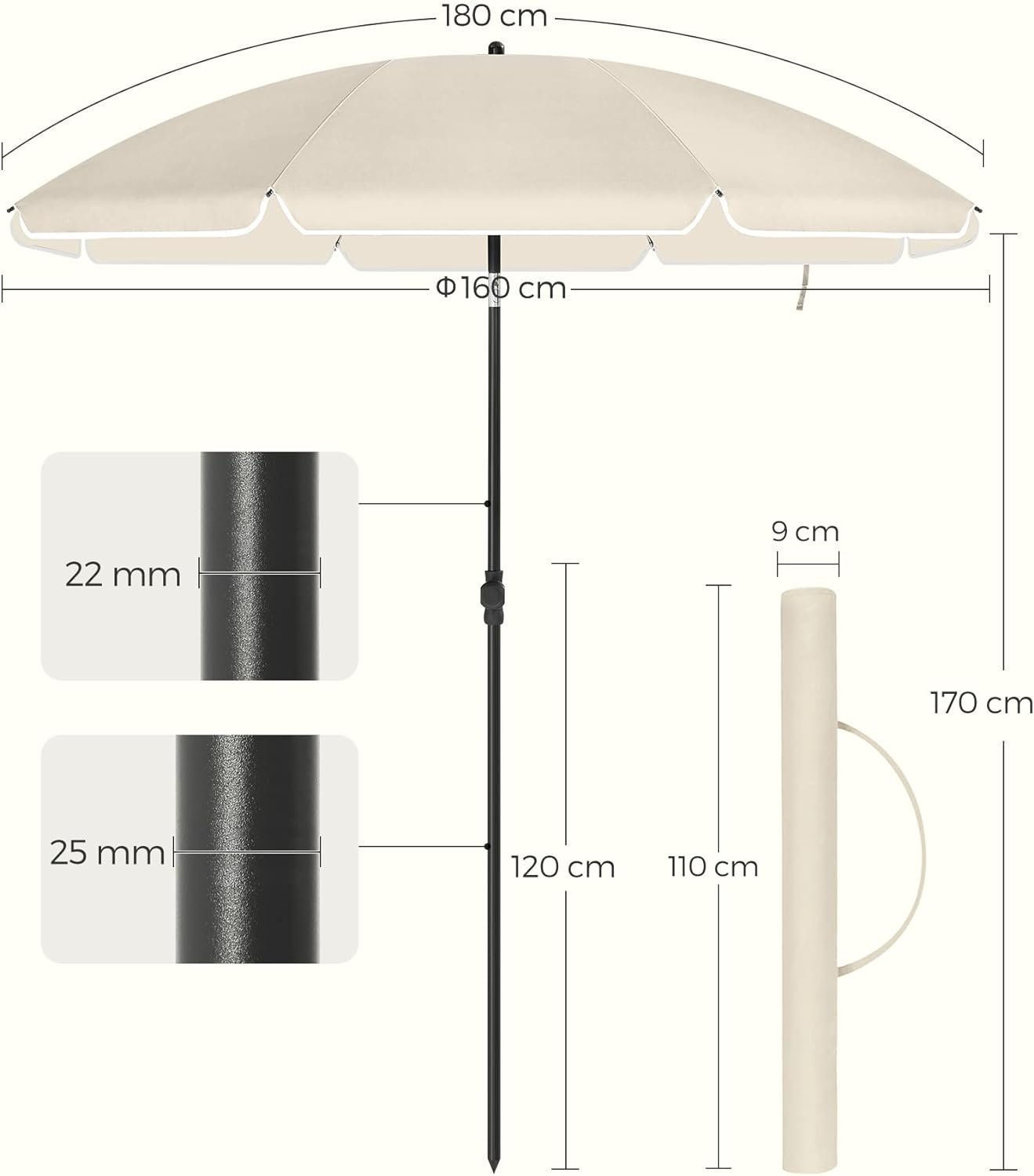songmics umbrela terasa gradina sau plaja, cu inclinare, husa, diametru 160cm, bej 3 SONGMICS Umbrela terasa gradina sau plaja, cu inclinare, husa, diametru 160cm, bej - imagine 3