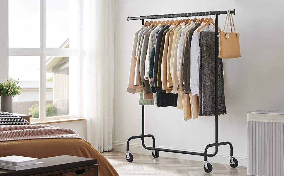 SONGMICS Suport pentru haine extensibil pe roti, bara reglabila 110-150 cm, stil industrial, 150x45x160 cm, negru 2 SONGMICS Suport pentru haine extensibil pe roti, bara reglabila 110-150 cm, stil industrial, 150x45x160 cm, negru - imagine 2