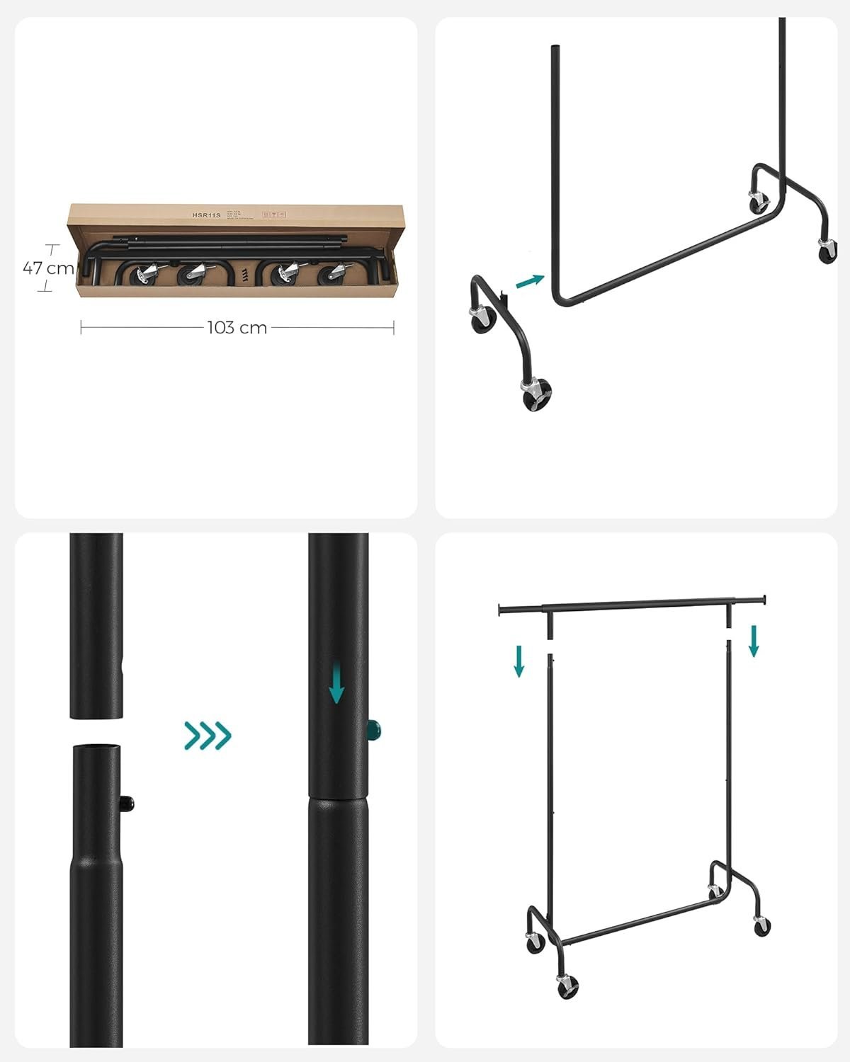 SONGMICS Suport pentru haine extensibil pe roti, bara reglabila 110-150 cm, stil industrial, 150x45x160 cm, negru 3 SONGMICS Suport pentru haine extensibil pe roti, bara reglabila 110-150 cm, stil industrial, 150x45x160 cm, negru - imagine 3