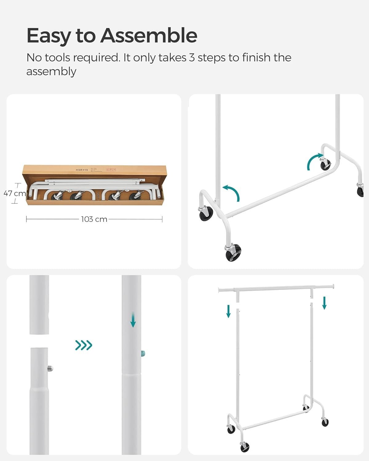 SONGMICS Suport pentru haine extensibil pe roti, bara reglabila 110-150 cm, stil industrial, 150x45x160 cm, alb mat 3 SONGMICS Suport pentru haine extensibil pe roti, bara reglabila 110-150 cm, stil industrial, 150x45x160 cm, alb mat - imagine 3