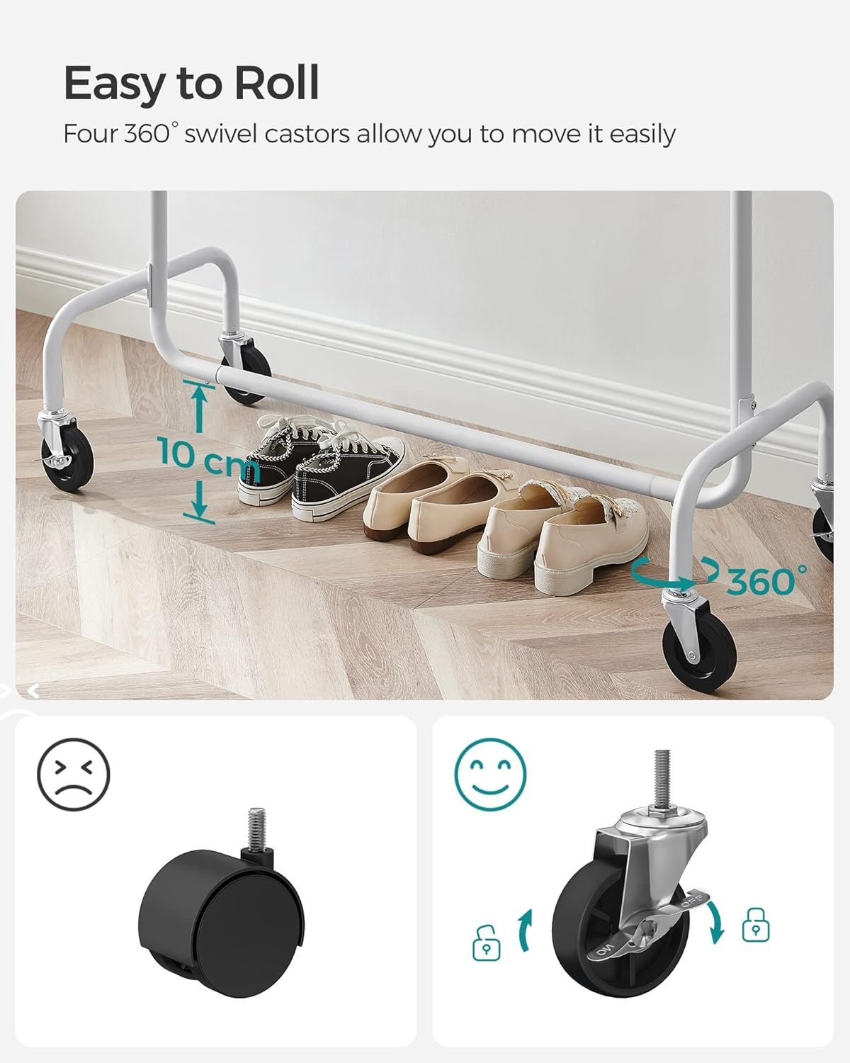 SONGMICS Suport pentru haine extensibil pe roti, bara reglabila 110-150 cm, stil industrial, 150x45x160 cm, alb mat 4 SONGMICS Suport pentru haine extensibil pe roti, bara reglabila 110-150 cm, stil industrial, 150x45x160 cm, alb mat - imagine 4