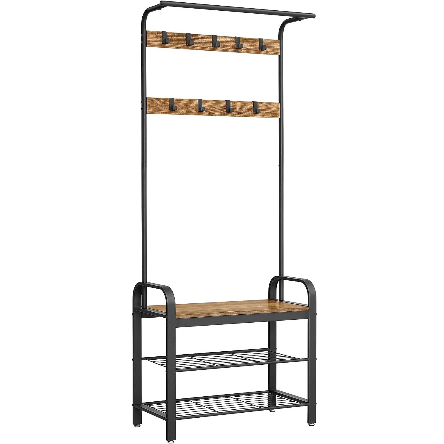 VASAGLE Cuier pentru haine, cu banc de depozitare a pantofilor, cu 9 carlige detasabile, o sina pentru haine, 34x72x183cm, industrial, nuc rustic si n