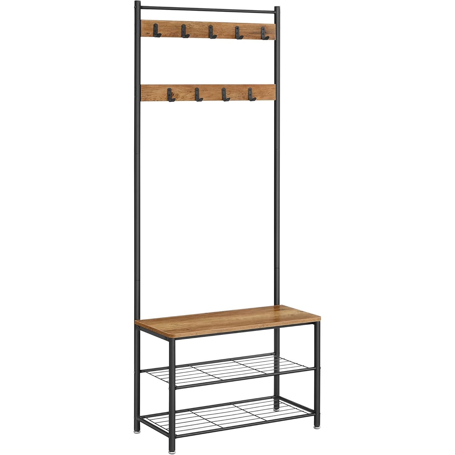 VASAGLE Cuier hol 3 in 1 cu banca si raft pantofi, cadru metalic si PAL, 70x32x177 cm, maro nuc si negru