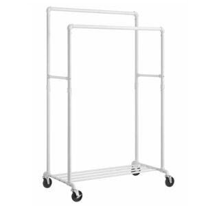 SONGMICS Suport haine cu 2 bare si raft, cu roti, cadru metalic, design industrial, 100x59x162 cm, alb