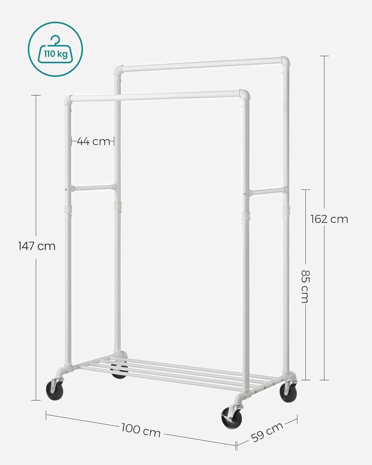 SONGMICS Suport haine cu 2 bare si raft, cu roti, cadru metalic, design industrial, 100x59x162 cm, alb 2 SONGMICS Suport haine cu 2 bare si raft, cu roti, cadru metalic, design industrial, 100x59x162 cm, alb - imagine 2