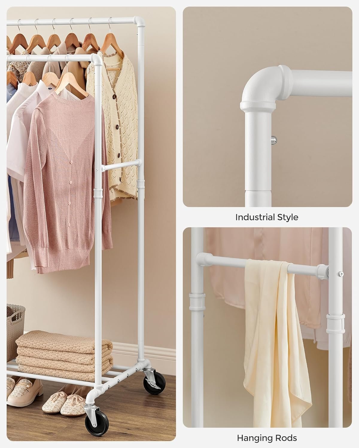 SONGMICS Suport haine cu 2 bare si raft, cu roti, cadru metalic, design industrial, 100x59x162 cm, alb 4 SONGMICS Suport haine cu 2 bare si raft, cu roti, cadru metalic, design industrial, 100x59x162 cm, alb - imagine 4