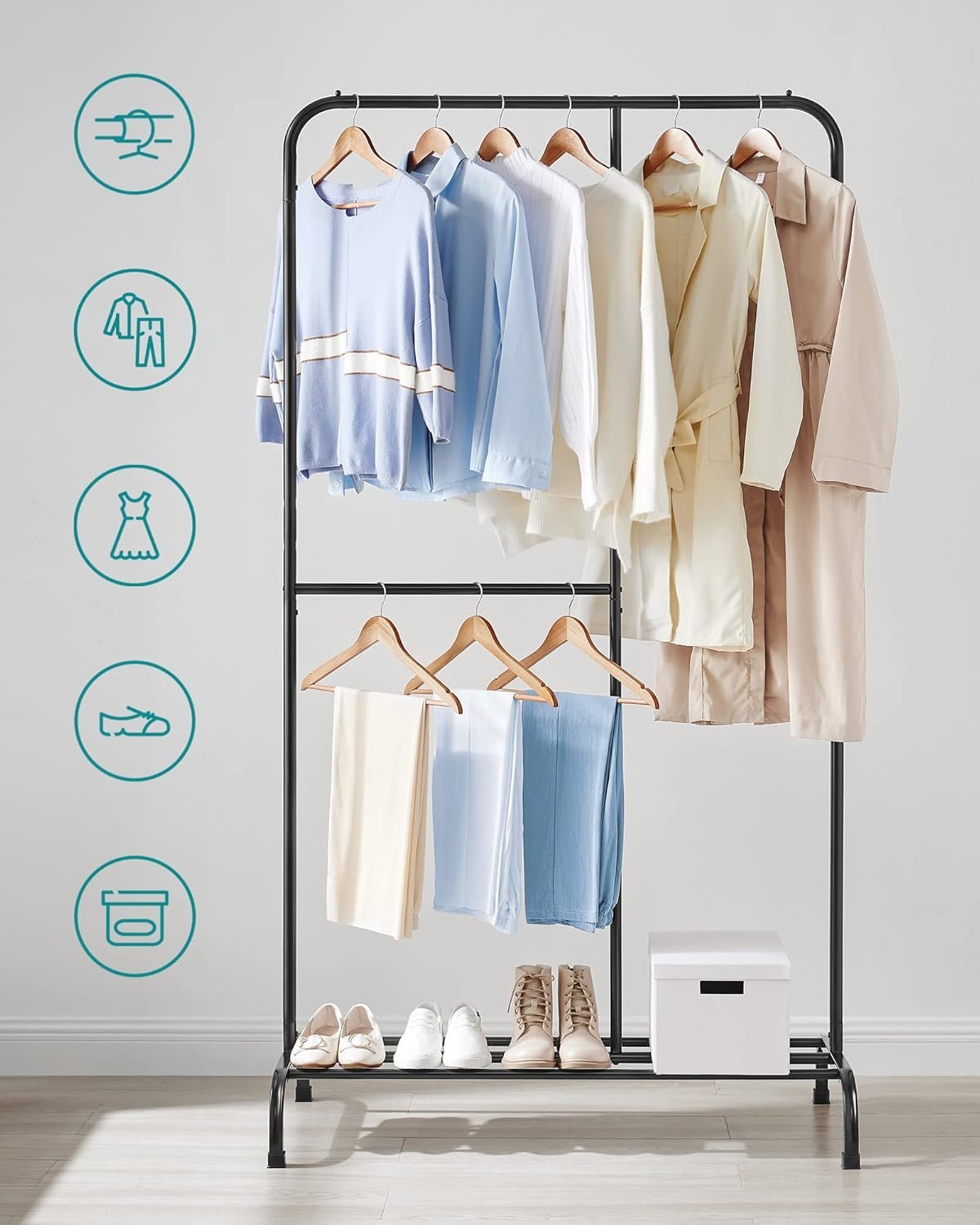 SONGMICS Stativ haine metalic 105x50x195 cm, cu bara ajustabila si 3 niveluri de depozitare, otel, negru 3 SONGMICS Stativ haine metalic 105x50x195 cm, cu bara ajustabila si 3 niveluri de depozitare, otel, negru - imagine 3