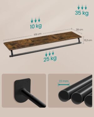 SONGMICS Cuier cu montaj pe perete cu bara pentru umerase si raft, capacitate 60 kg, stil industrial, 109x28x13 cm, maro rustic