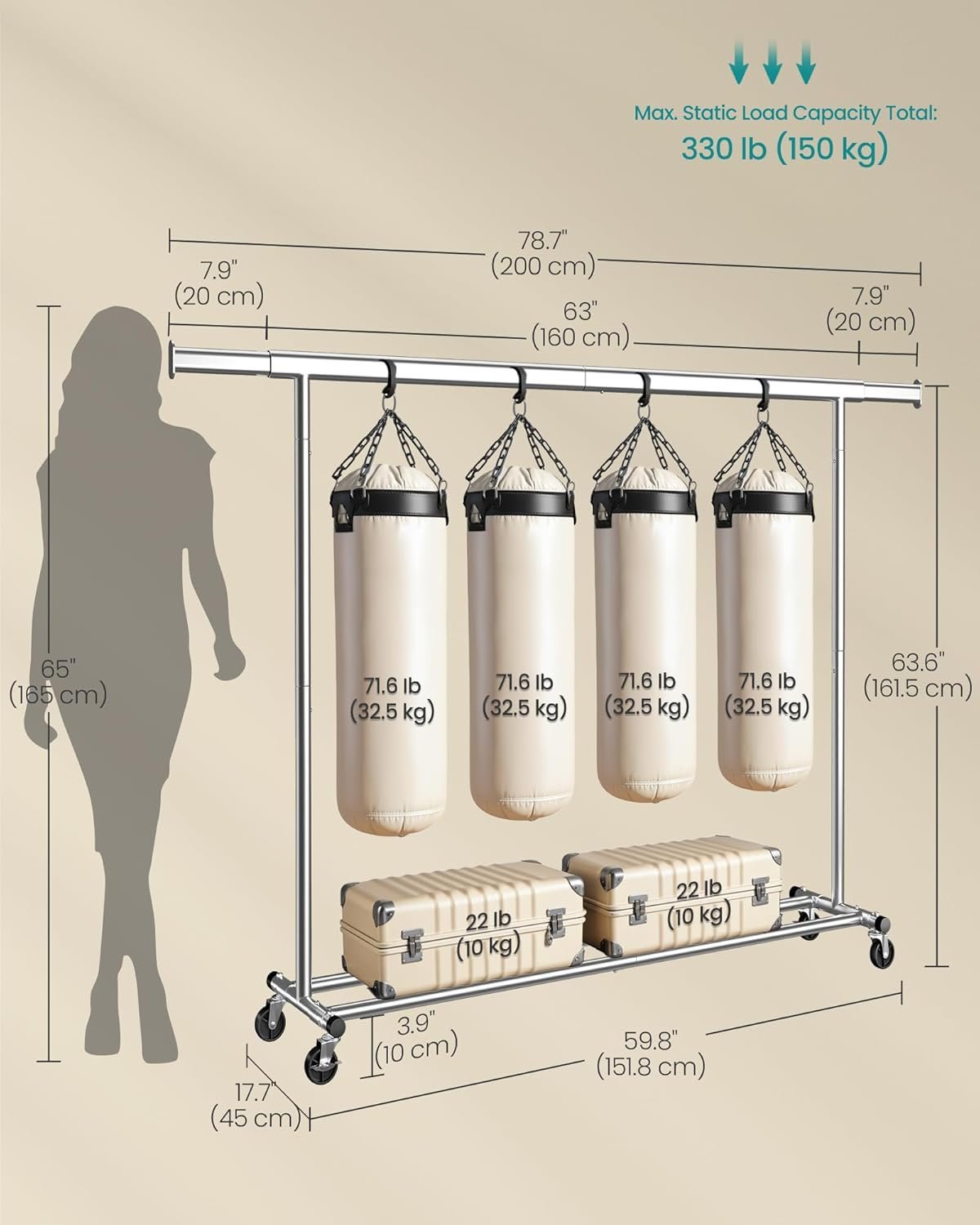 SONGMICS Suport haine cu roti, extensibil 160–200 cm, sarcina heavy duty otel 150 kg, roti blocabile, argintiu 2 SONGMICS Suport haine cu roti, extensibil 160–200 cm, sarcina heavy duty otel 150 kg, roti blocabile, argintiu - imagine 2