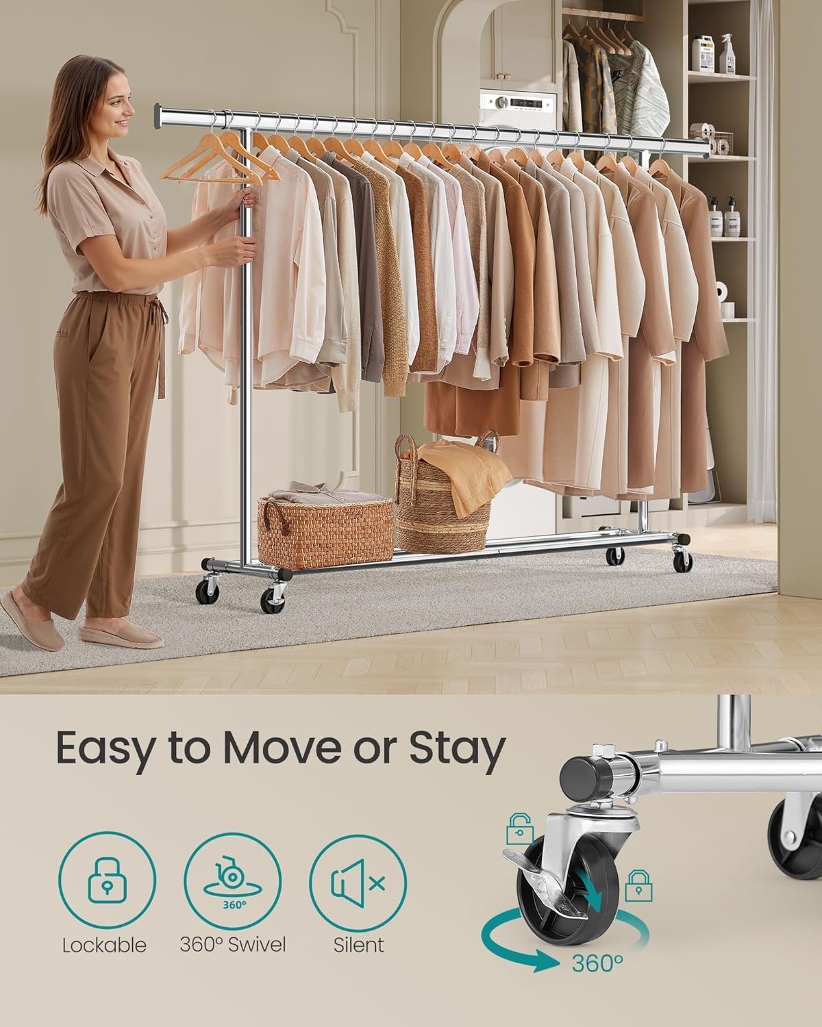 SONGMICS Suport haine cu roti, extensibil 160–200 cm, sarcina heavy duty otel 150 kg, roti blocabile, argintiu 3 SONGMICS Suport haine cu roti, extensibil 160–200 cm, sarcina heavy duty otel 150 kg, roti blocabile, argintiu - imagine 3