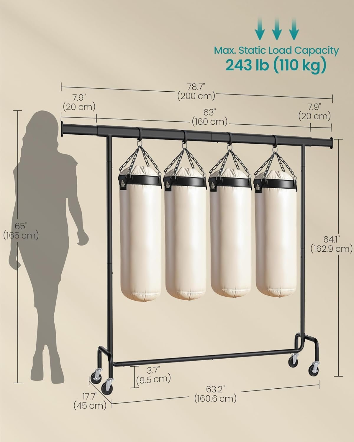 SONGMICS Suport haine cu roti, bara extensibila pentru umerase, structura metalica sarcina mare, 45x160-200x163 cm, negru 2 SONGMICS Suport haine cu roti, bara extensibila pentru umerase, structura metalica sarcina mare, 45x160-200x163 cm, negru - imagine 2