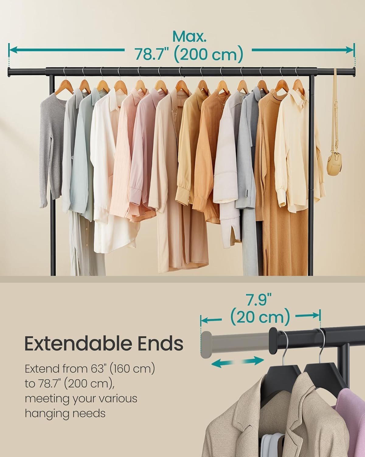 SONGMICS Suport haine cu roti, bara extensibila pentru umerase, structura metalica sarcina mare, 45x160-200x163 cm, negru 3 SONGMICS Suport haine cu roti, bara extensibila pentru umerase, structura metalica sarcina mare, 45x160-200x163 cm, negru - imagine 3