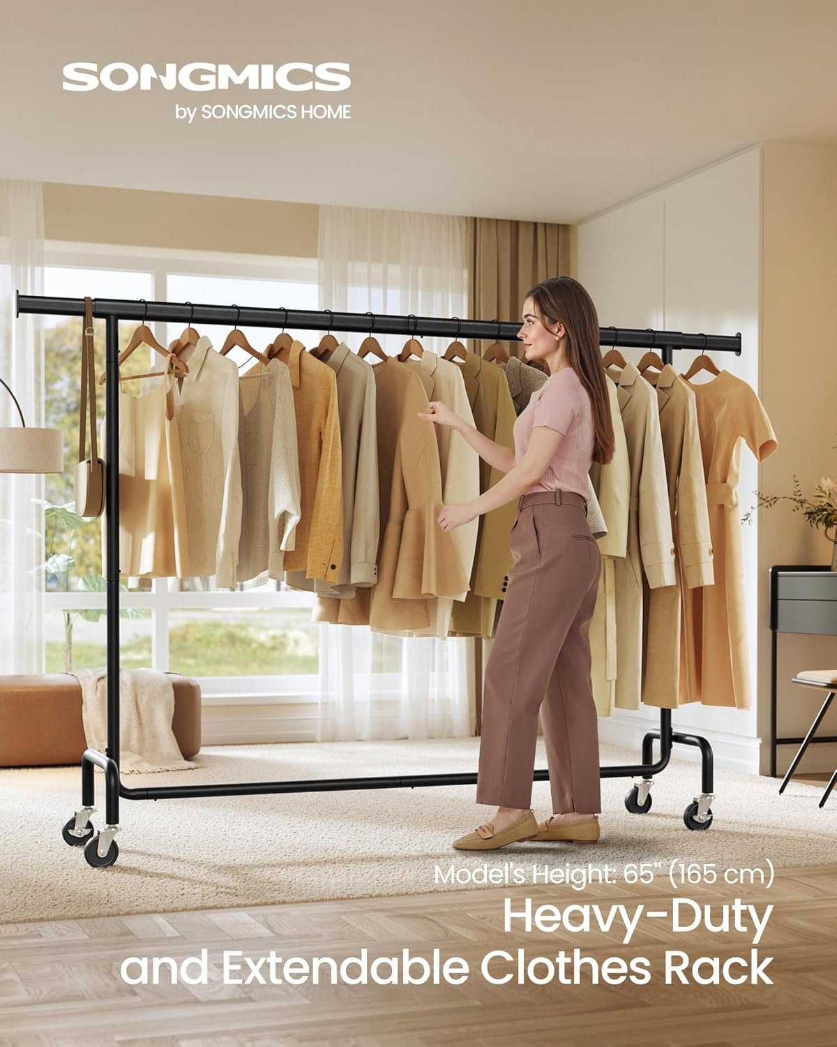 SONGMICS Suport haine cu roti, bara extensibila pentru umerase, structura metalica sarcina mare, 45x160-200x163 cm, negru 4 SONGMICS Suport haine cu roti, bara extensibila pentru umerase, structura metalica sarcina mare, 45x160-200x163 cm, negru - imagine 4