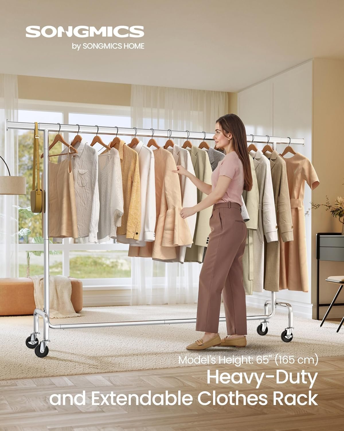 SONGMICS Suport haine cu roti, bara extensibila pentru umerase, structura metalica sarcina mare, 45x160-200x163 cm, argintiu 4 SONGMICS Suport haine cu roti, bara extensibila pentru umerase, structura metalica sarcina mare, 45x160-200x163 cm, argintiu - imagine 4