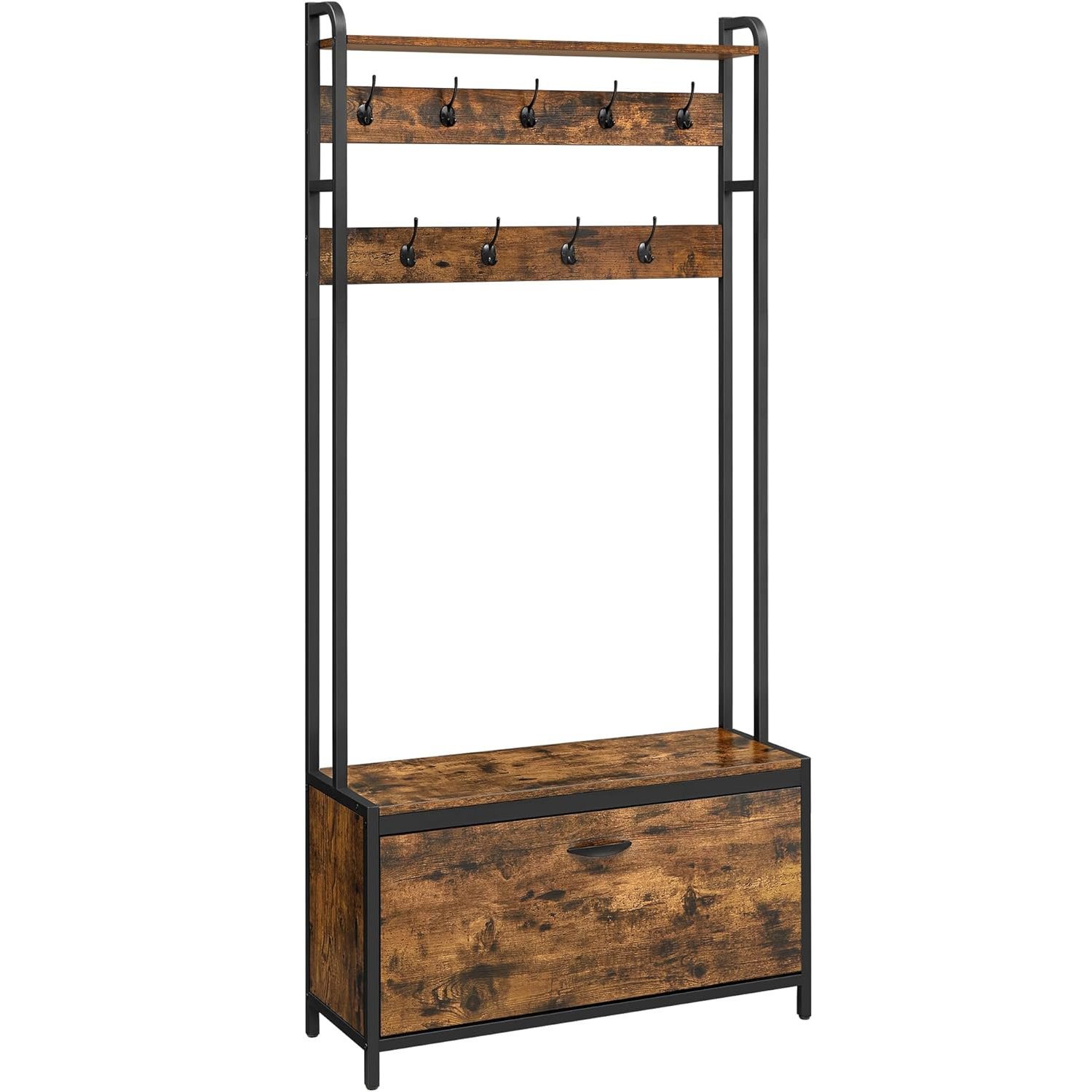 VASAGLE Cuier cu dulap de depozitare pantofi, cadru din otel, stil industrial, 32x85x180cm, maro rustic