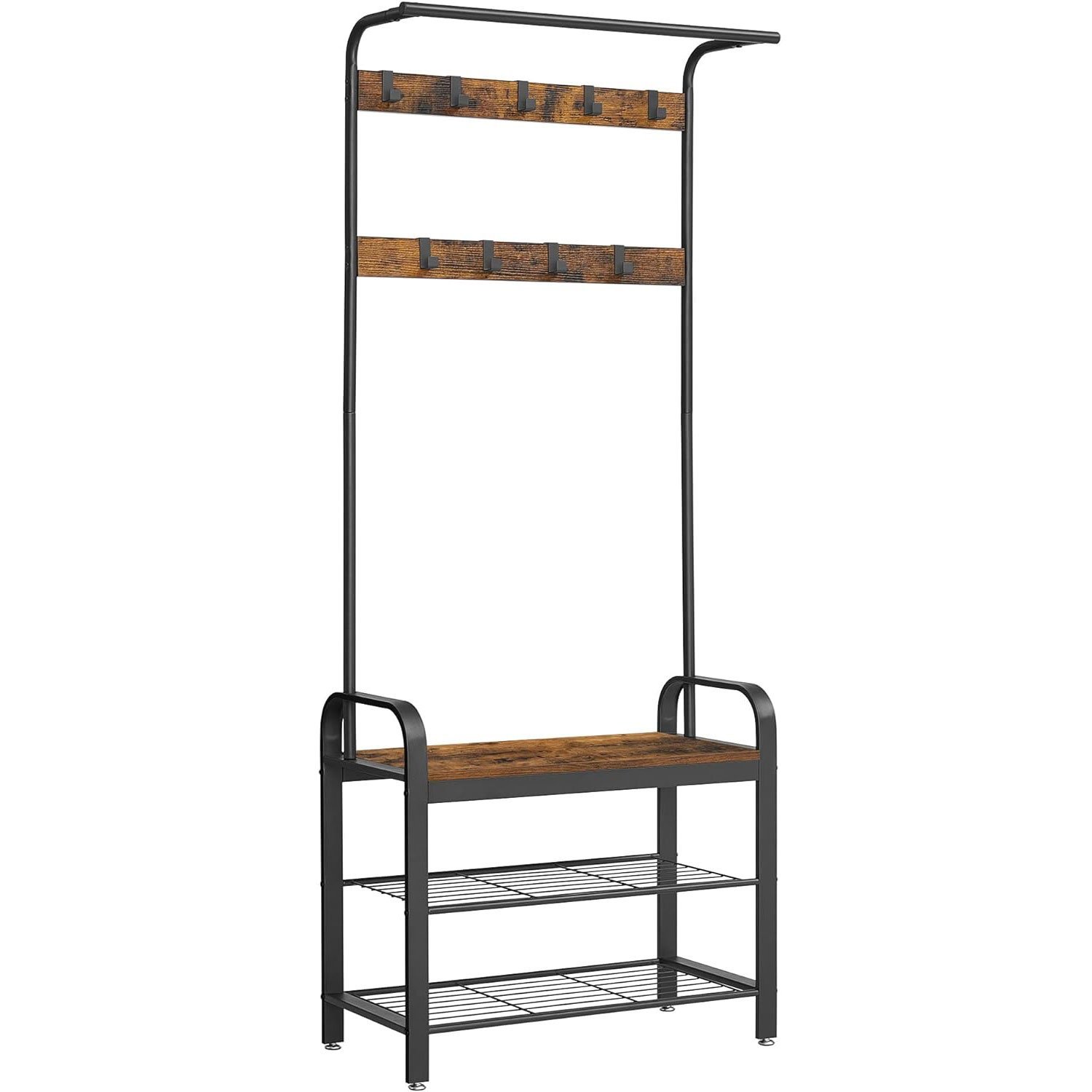 VASAGLE Cuier pentru haine, cu banc depozitare pantofi, 9 carlige detasabile, sina pentru haine, 34x77x183cm, industrial, maro rustic si negru