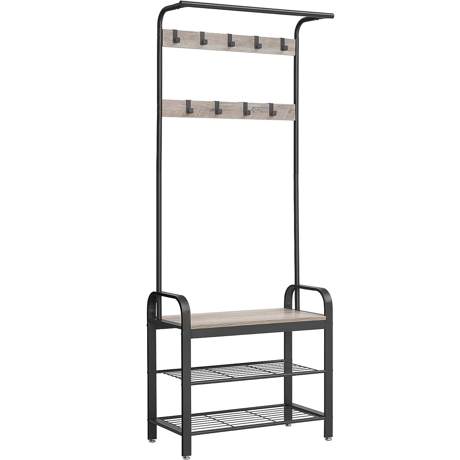 VASAGLE Cuier pentru haine cu banca de depozitare pantofi, cu 9 carlige si sina pentru haine, 34x72x183 cm, gri si negru