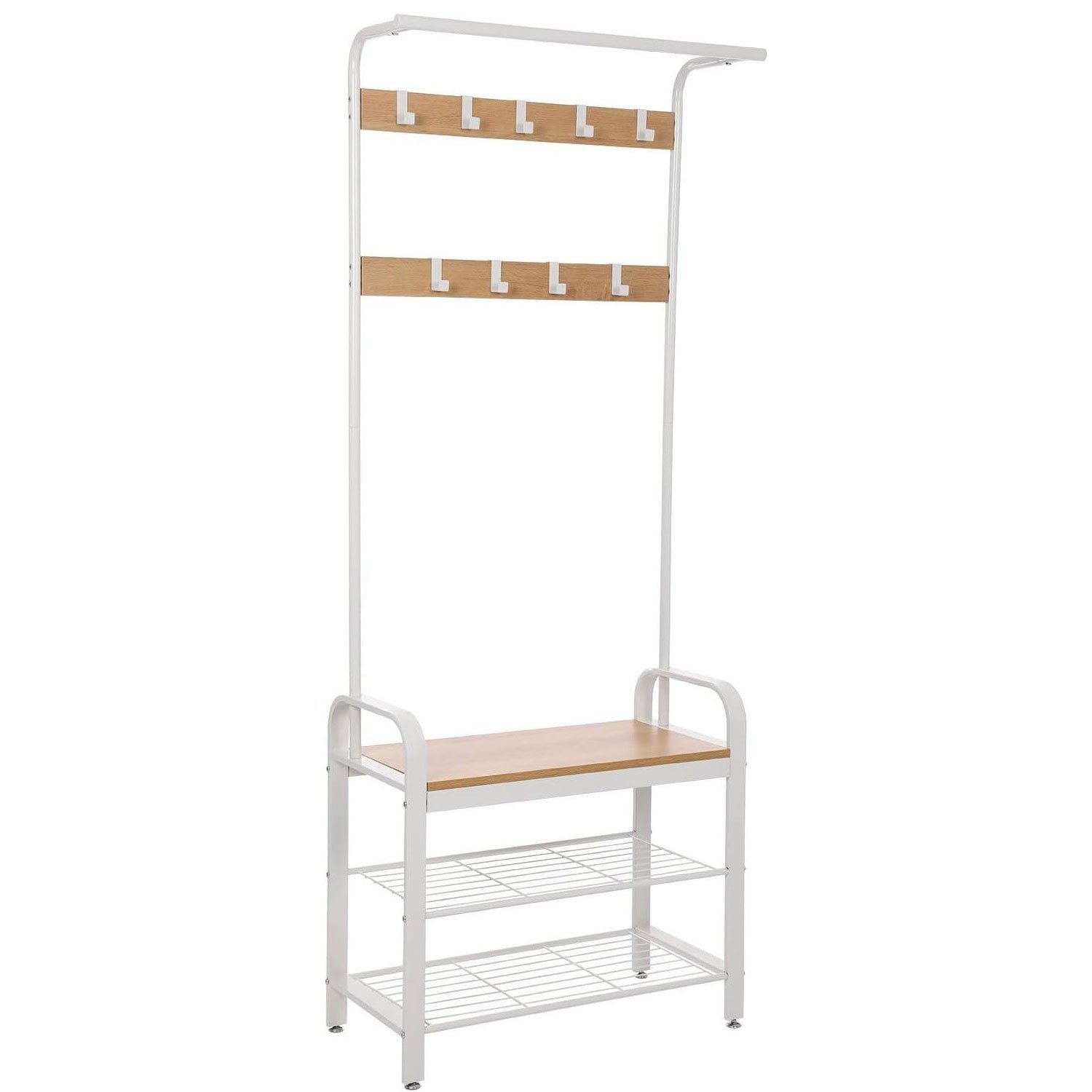 VASAGLE Cuier pentru haine cu banca de depozitare a pantofilor, cu 9 carlige detasabile, o sina pentru haine, 34x72x183 cm, modern, stejar si crem