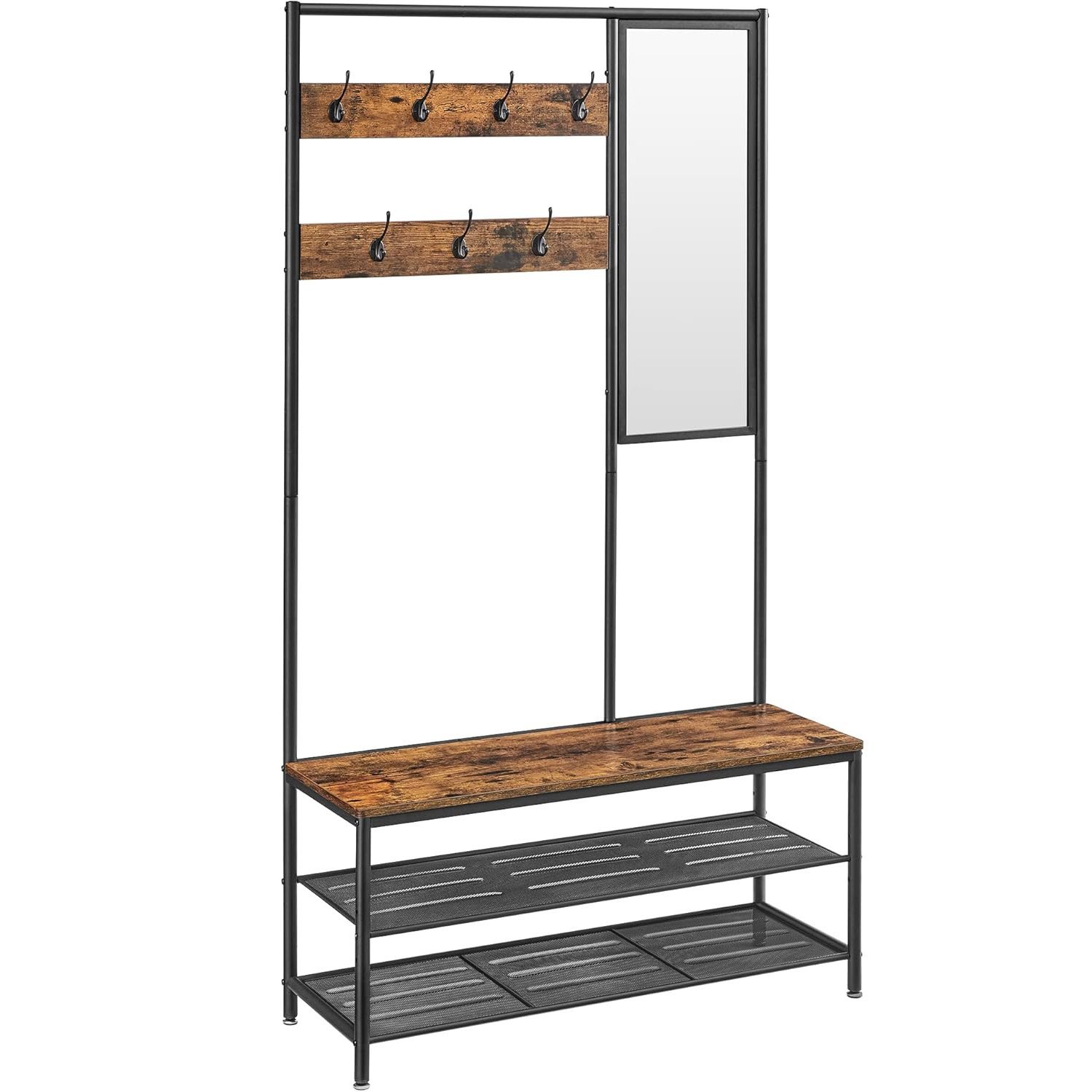 VASAGLE Cuier cu rafturi depozitare pantofi si ​​oglinda, industrial, 35x98x180 cm, maro rustic si negru
