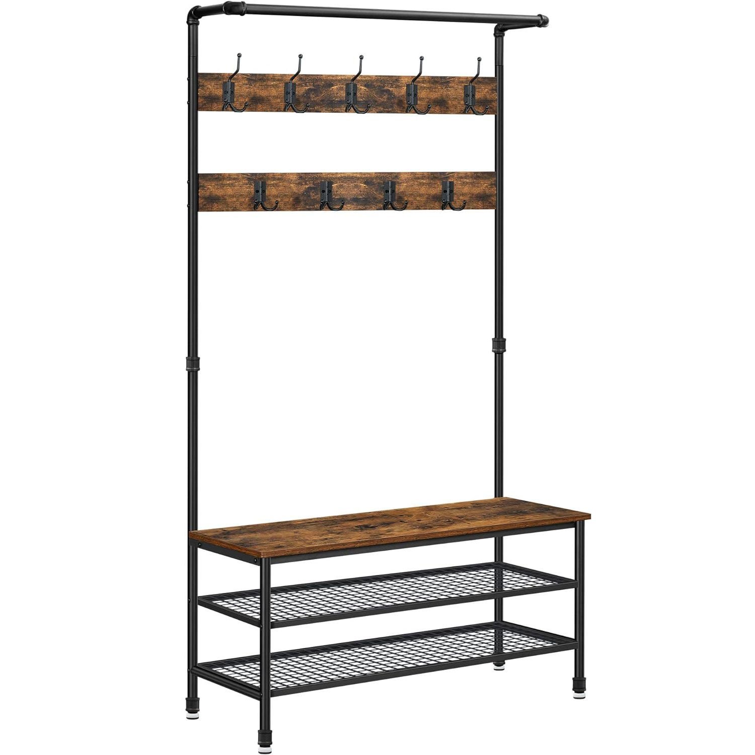 VASAGLE Cuier pentru haine cu 9 carlige si suport pentru pantofi, stil industrial, cadru din otel, 100x42x182 cm