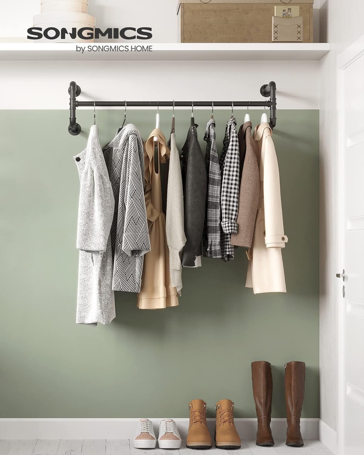 SONGMICS Sina metalica de agatat haine, montare pe perete, aspect industrial, 112x30x30cm, negru 3 SONGMICS Sina metalica de agatat haine, montare pe perete, aspect industrial, 112x30x30cm, negru - imagine 3