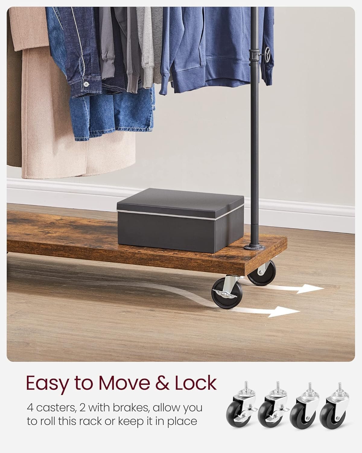 VASAGLE Suport haine cu bara metalica si raft inferior, cadru metalic si PAL, stil industrial, 104x40x162 cm, maro rustic si negru 4 VASAGLE Suport haine cu bara metalica si raft inferior, cadru metalic si PAL, stil industrial, 104x40x162 cm, maro rustic si negru - imagine 4