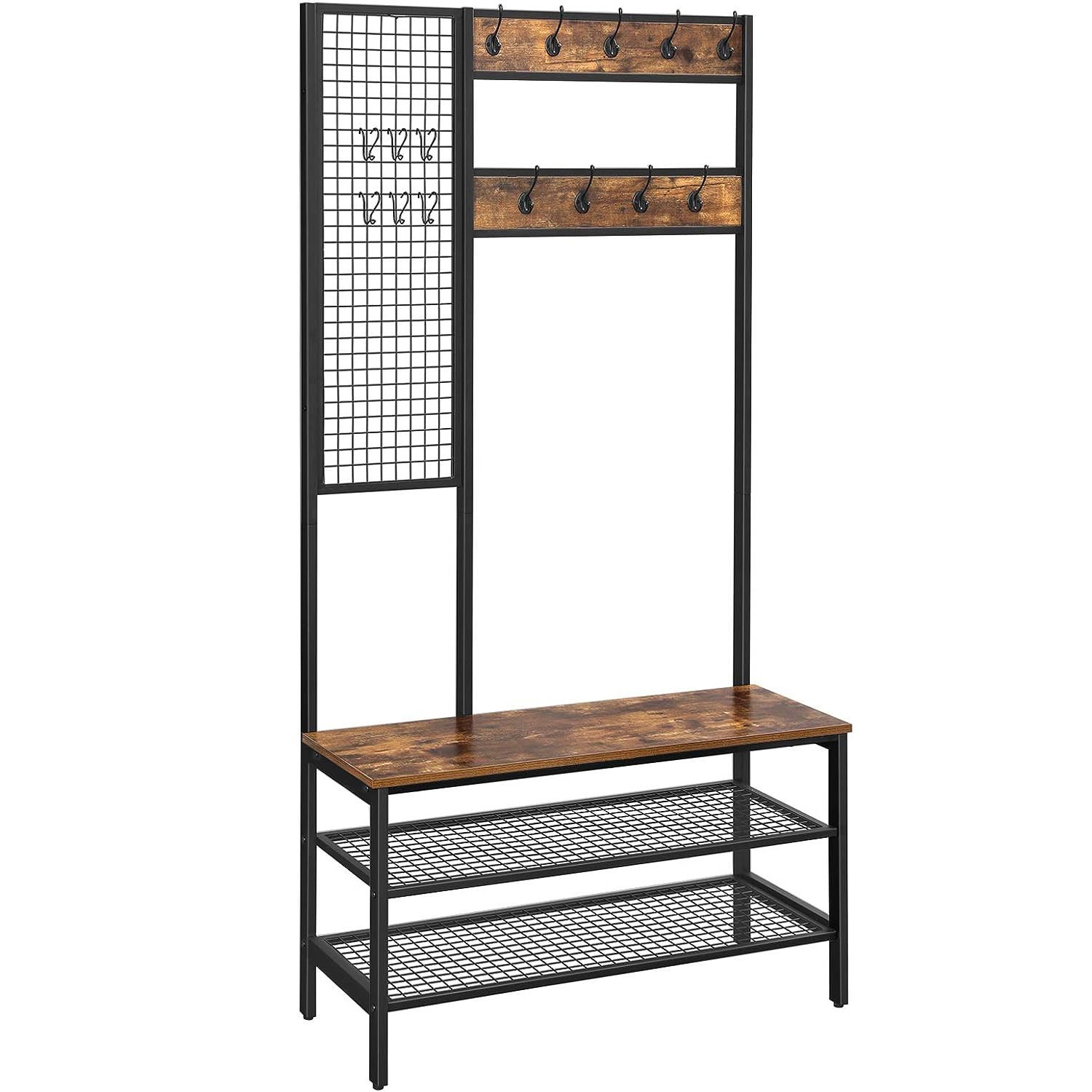 VASAGLE Cuier pentru haine cu banca, 2 polite pantofi, 9 carlige, cu perete grilaj, 185x98x40cm, vintage, maro inchis