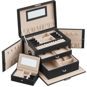 SONGMICS Cutie de bijuterii pe 3 nivele, cu 2 sertare, oglinda, maner, inchidere cu cheie, 18x26x17cm, negru