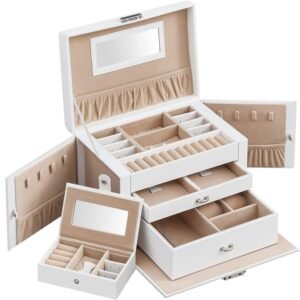 SONGMICS Cutie de bijuterii pe 3 nivele, 2 sertare, maner, inchidere cu cheie, 18x26x17cm, alb