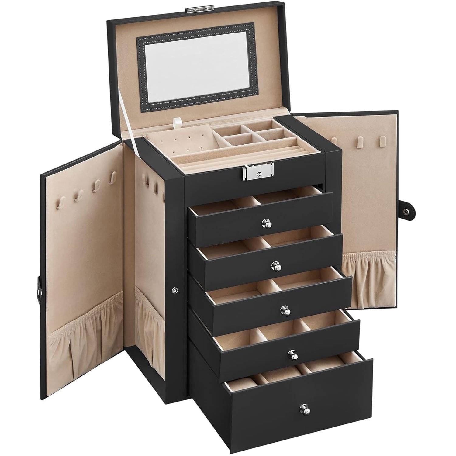 SONGMICS Cutie de bijuterii 6 nivele, 5 sertare, oglinda, suport ceasuri, incuietoare, 16x26x32cm, negru