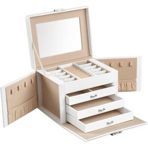 SONGMICS Cutie de bijuterii cu 4 nivele, 3 sertare, oglinda si incuietoare, 18x23x17cm, alb